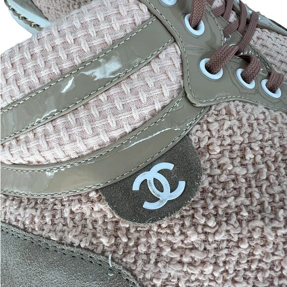 Chanel Tweed Patent High Top CC Chain Lace Up Sneakers in Pink Tan - Picture 8 of 16